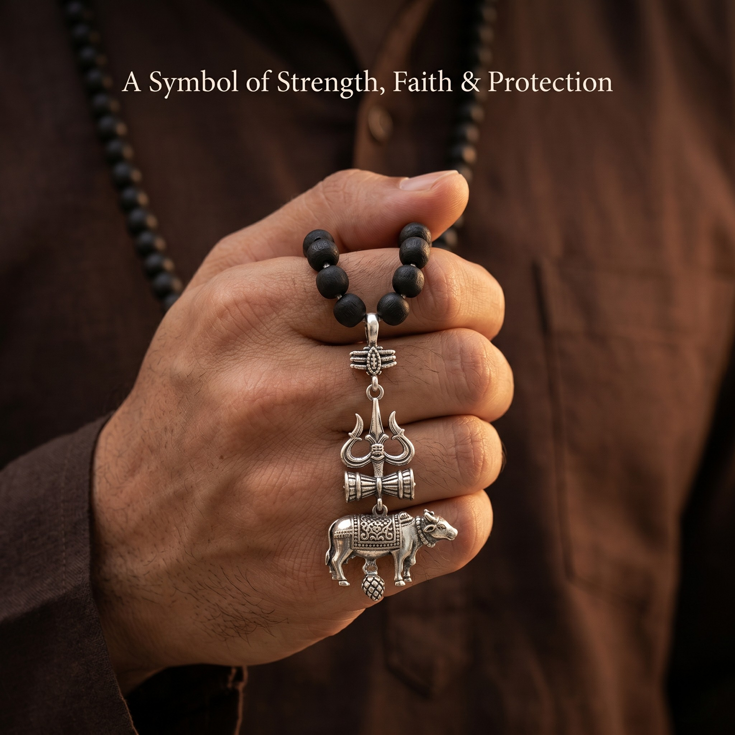 Shiv Raksha Karungali Mala with Trishul Nandi Pendant
