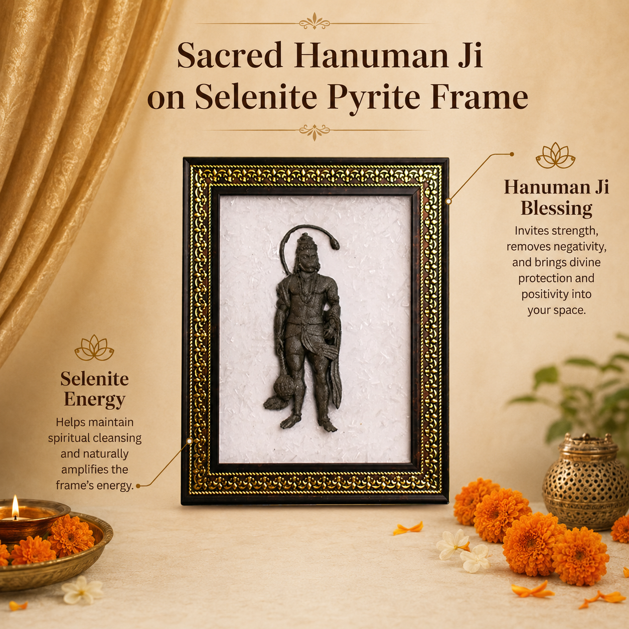Hanuman Ji Selenite Pyrite Frame