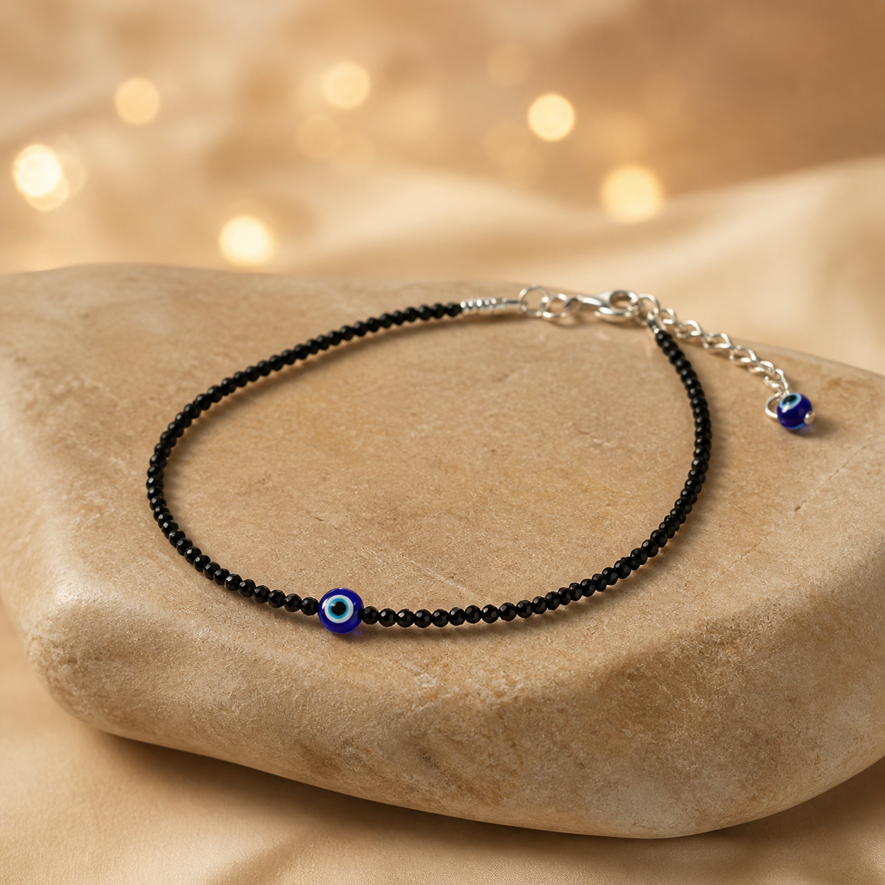 Black Tourmaline Anklet with Evil Eye Charm