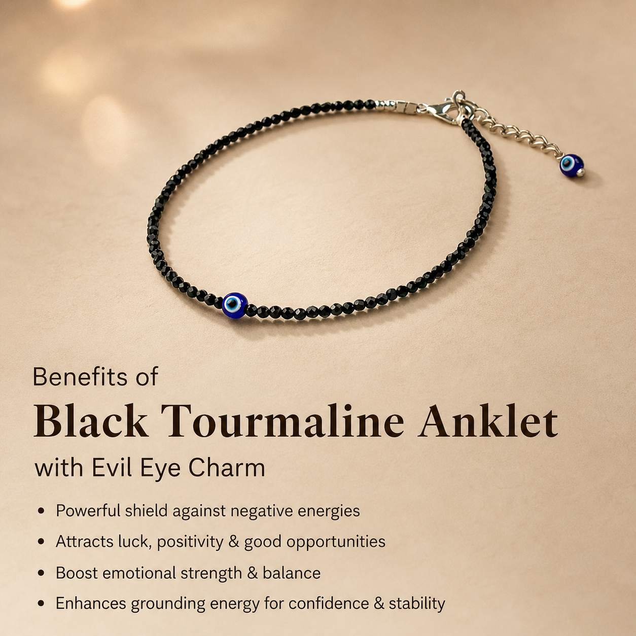 Black Tourmaline Anklet with Evil Eye Charm