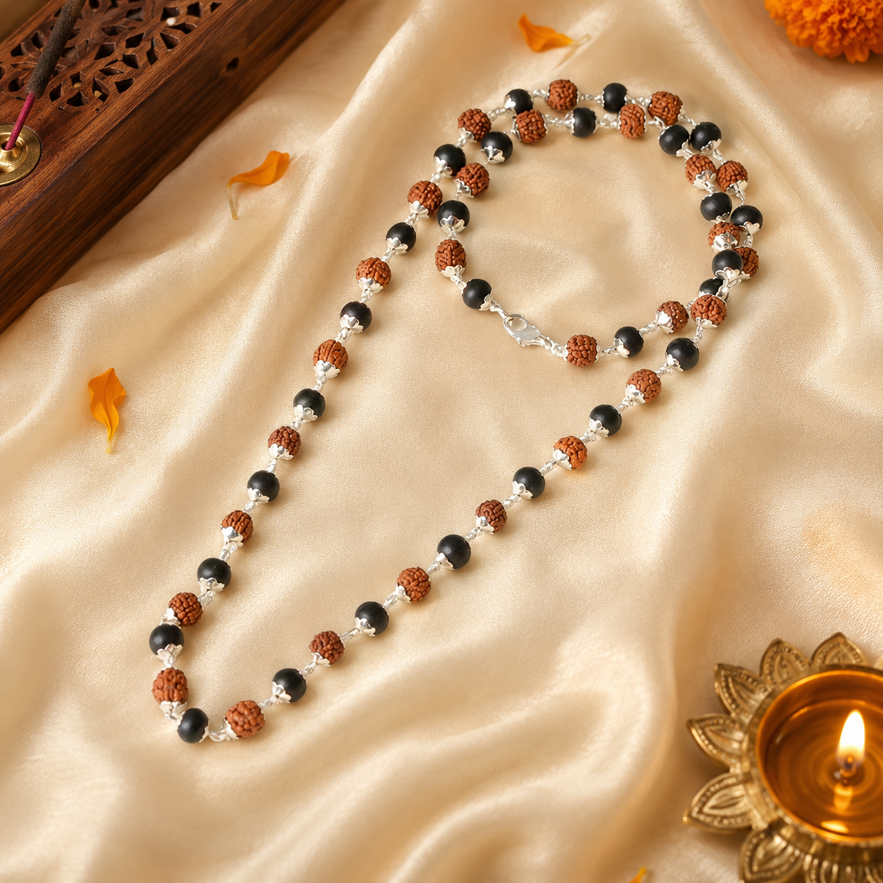 Divya Raksha Rudraksha & Karungali Mala with Silver Capping