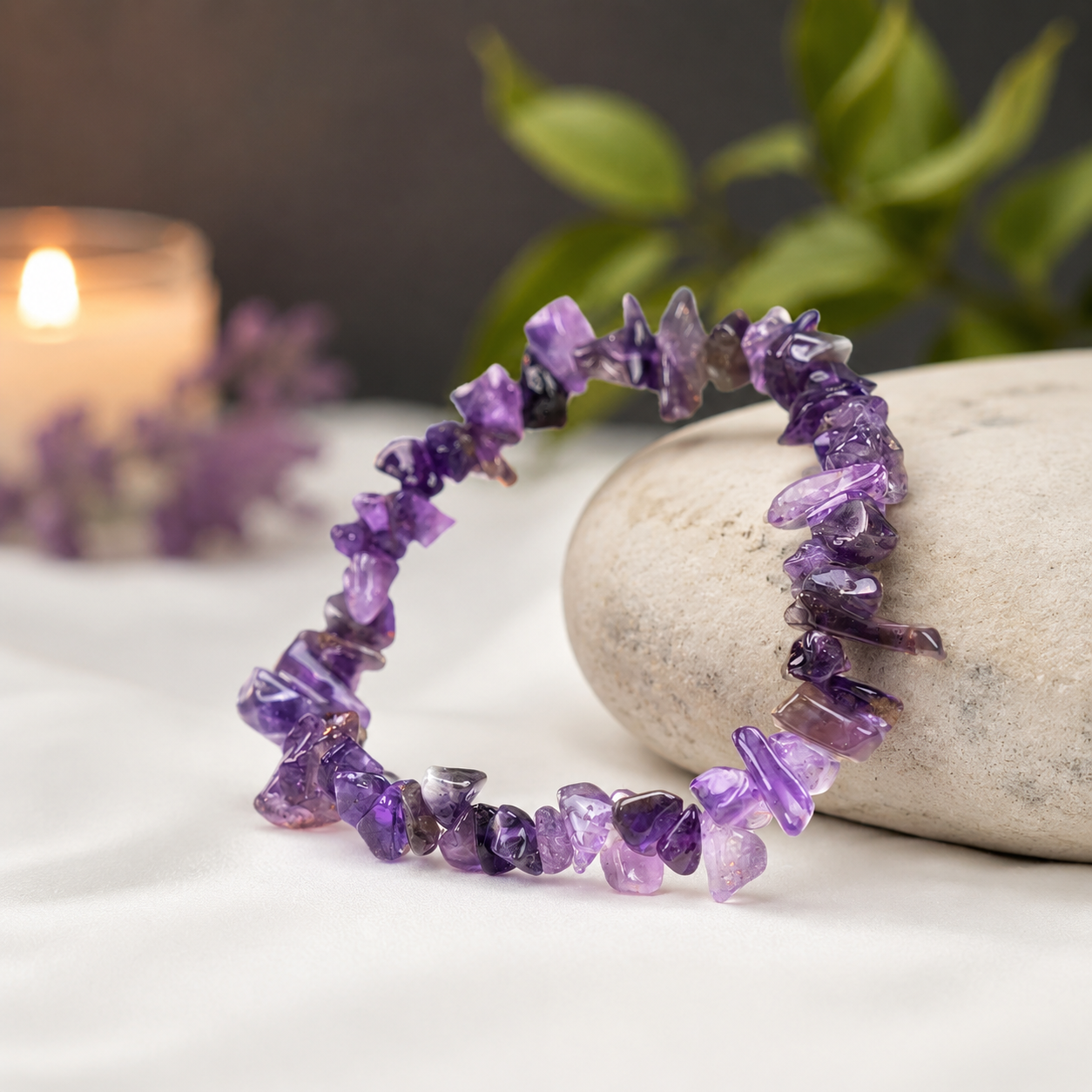 Rudvya Amethyst Chips Bracelet with natural purple crystal chips on stone display