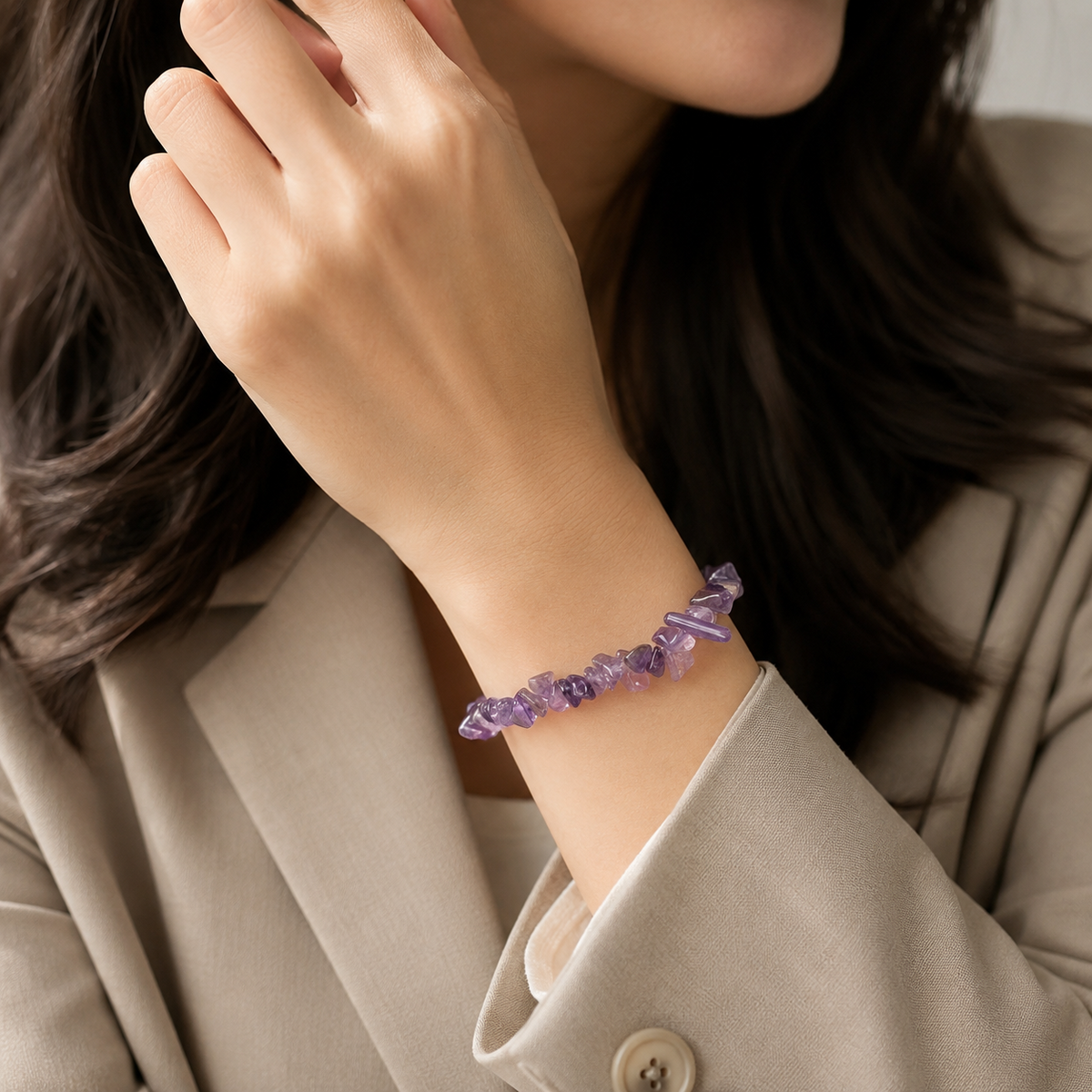 Rudvya Amethyst Chips Bracelet worn on wrist with premium lifestyle styling