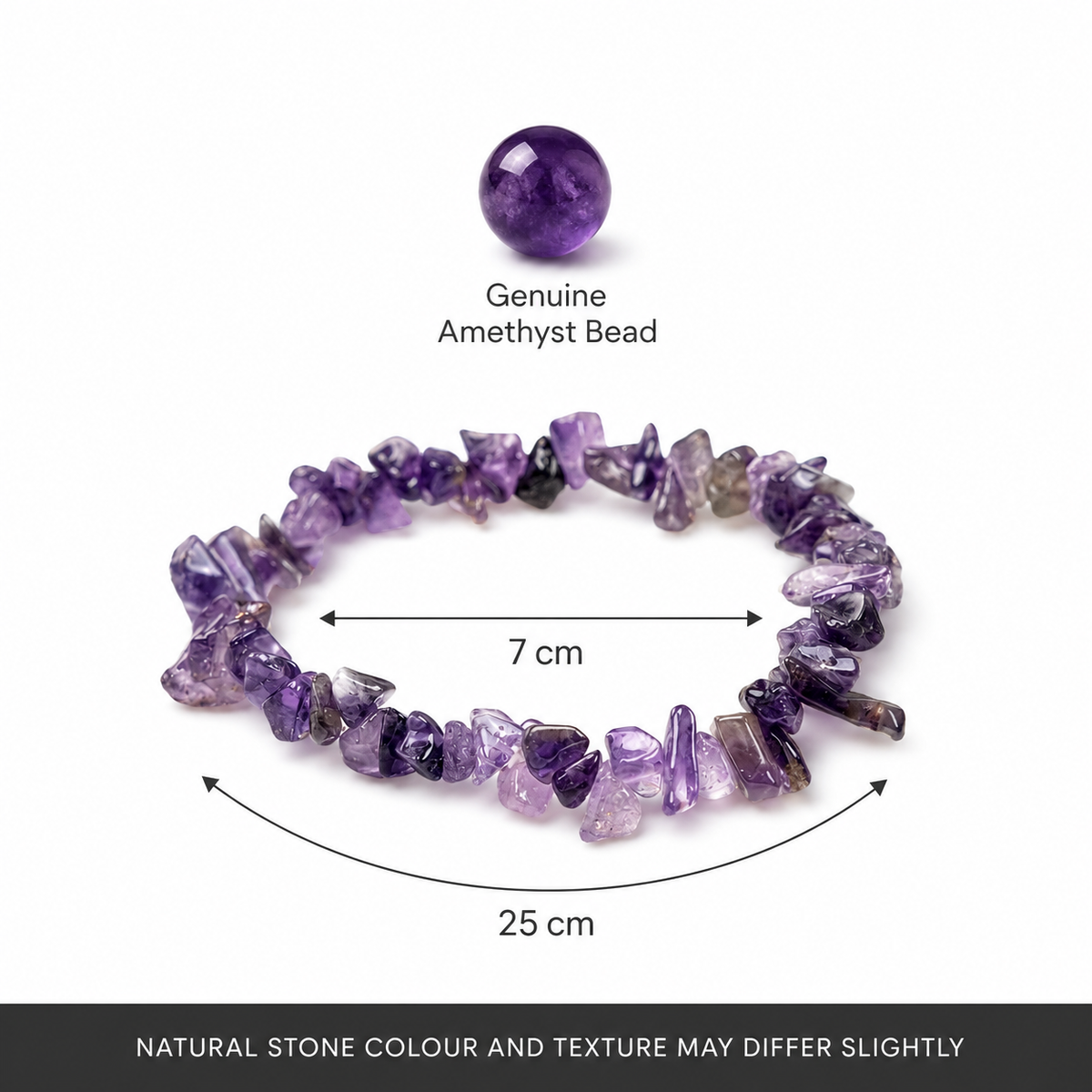 Rudvya Amethyst Chips Bracelet measurement guide with 7 cm center and 25 cm length