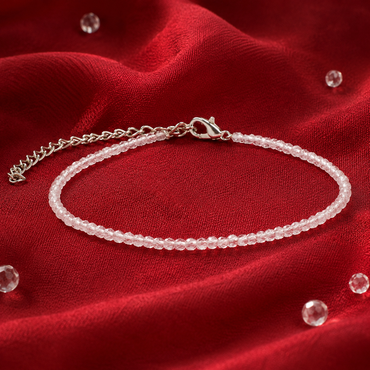 Rudvya Clear Quartz Anklet on red fabric with silver adjustable clasp