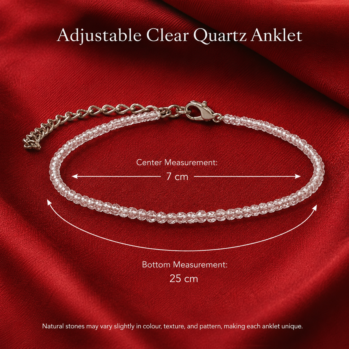 Rudvya Adjustable Clear Quartz Anklet size specifications 7 cm center and 25 cm bottom measurement