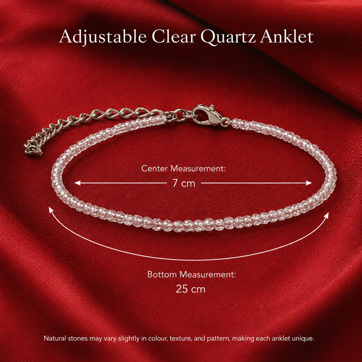 Rudvya Adjustable Clear Quartz Anklet size specifications 7 cm center and 25 cm bottom measurement