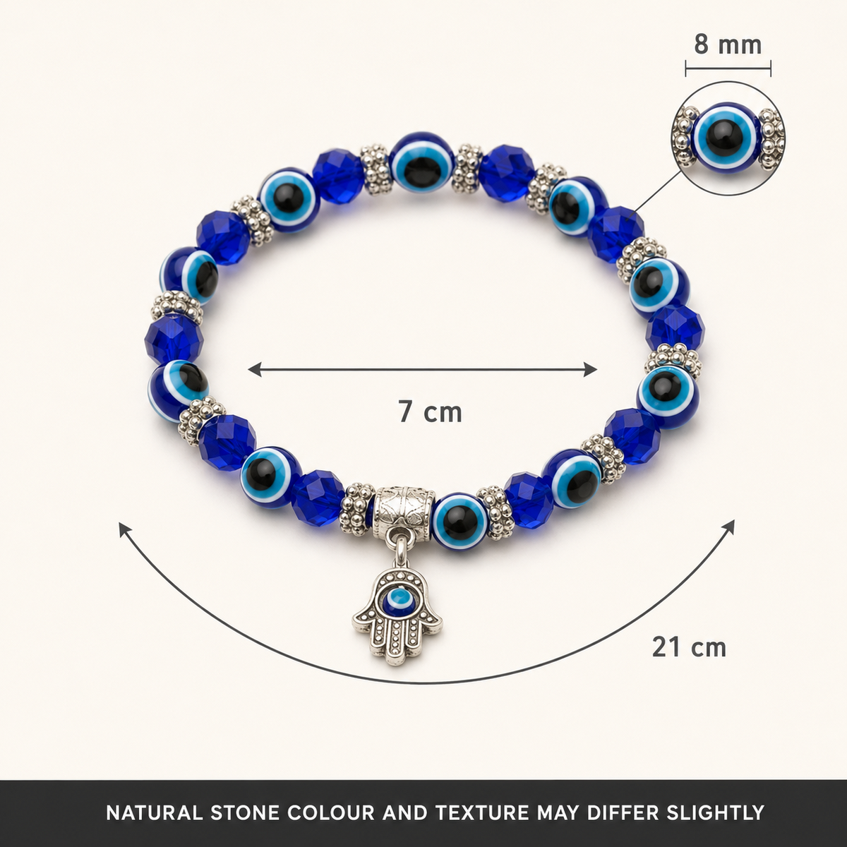 Rudvya Evil Eye Hamsa Bracelet size guide with 8mm beads 7cm center and 21cm bracelet length