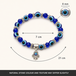 Rudvya Evil Eye Hamsa Bracelet size guide with 8mm beads 7cm center and 21cm bracelet length