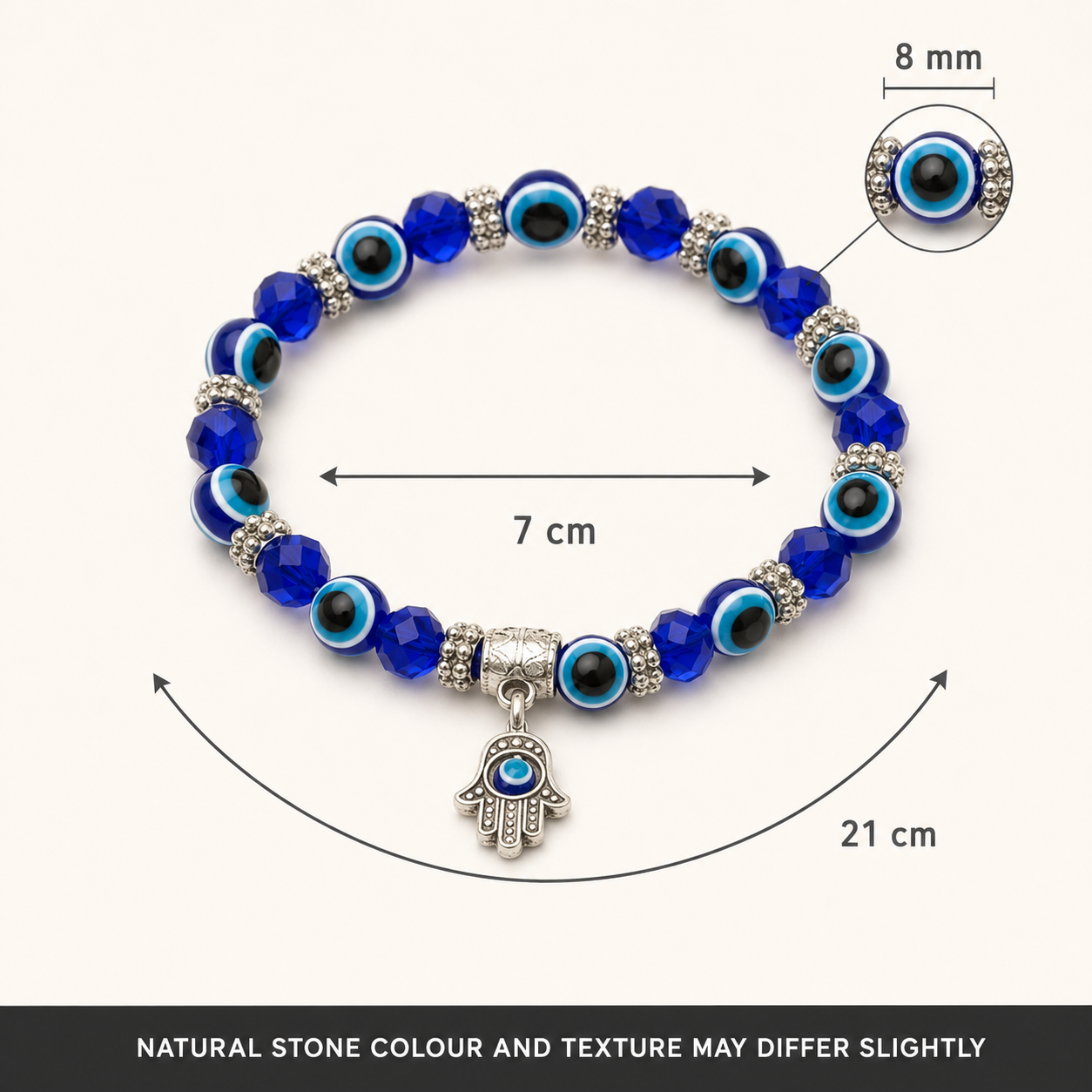 Rudvya Evil Eye Hamsa Bracelet size guide with 8mm beads 7cm center and 21cm bracelet length