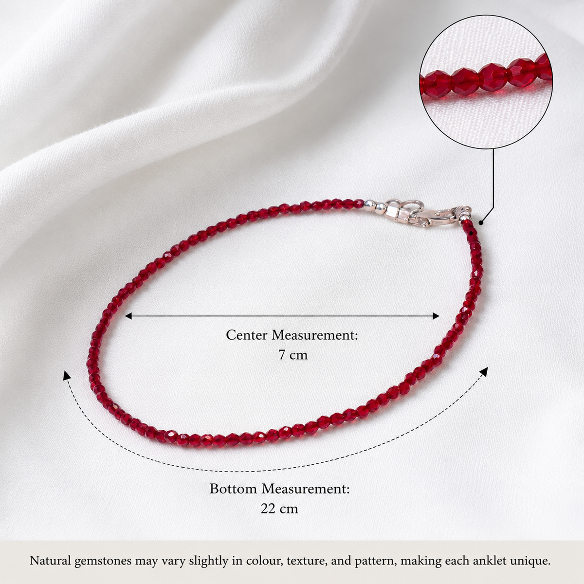 Rudvya Garnet Anklet size specifications with 7 cm center and 22 cm bottom measurement