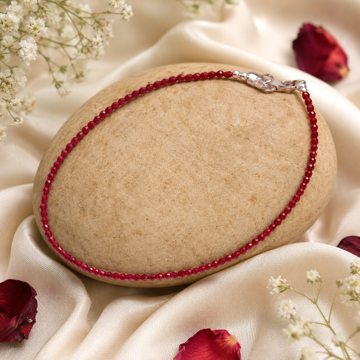 Rudvya Garnet Anklet on beige stone with deep red gemstone beads and adjustable clasp