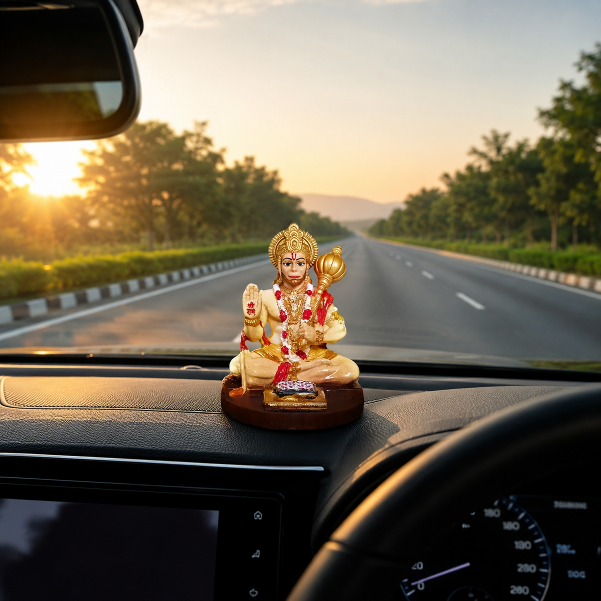 Hanuman Ji Blessing Murti placed on car dashboard during travel