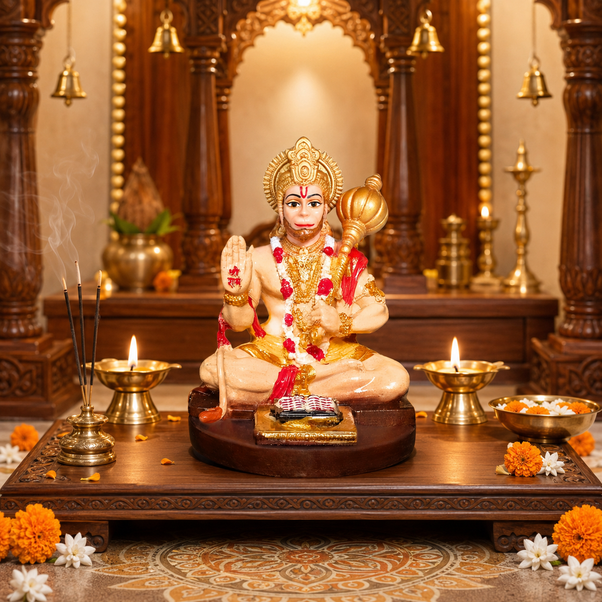 Hanuman Ji Blessing Murti in premium wooden home temple setup with diya and flowers