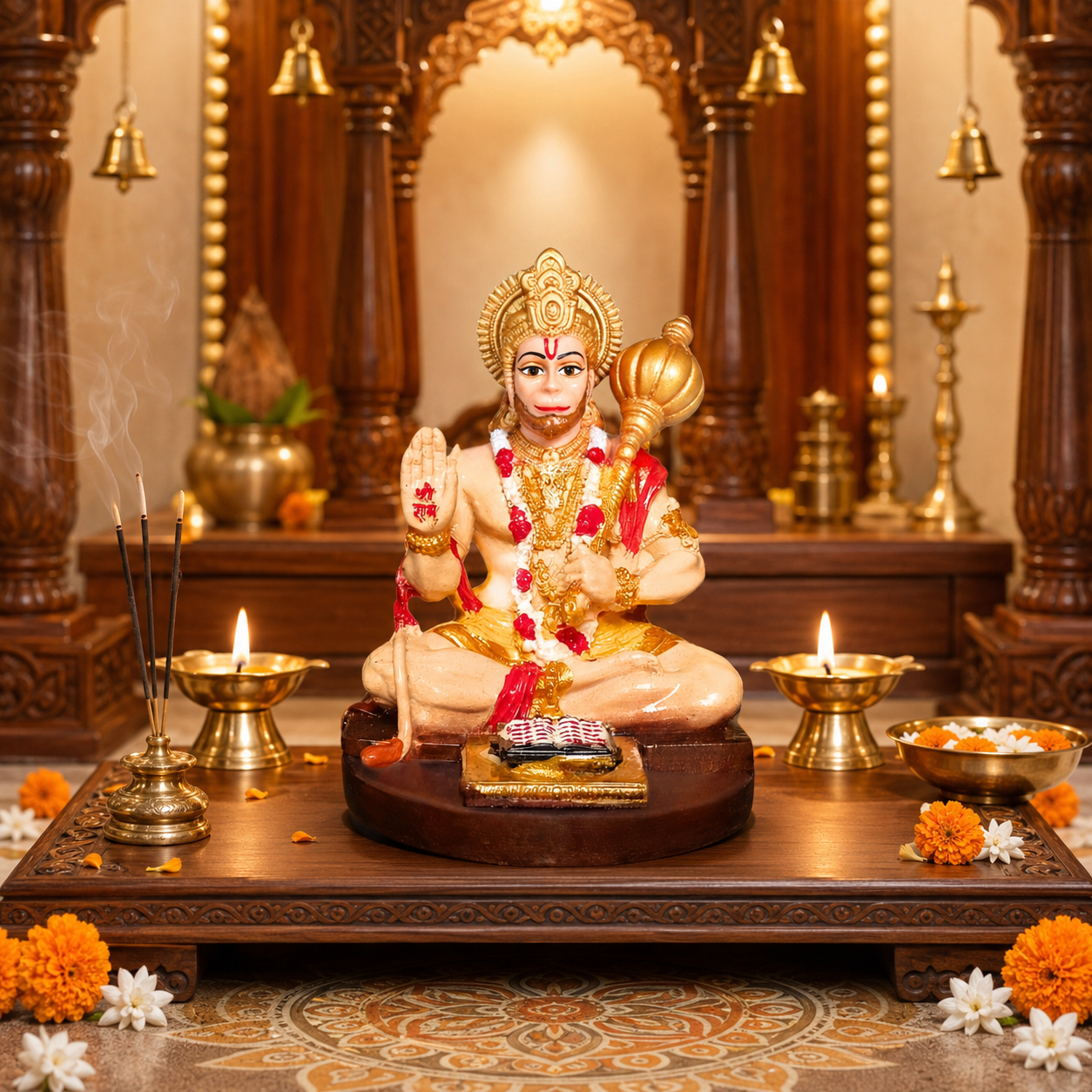 Hanuman Ji Blessing Murti in premium wooden home temple setup with diya and flowers