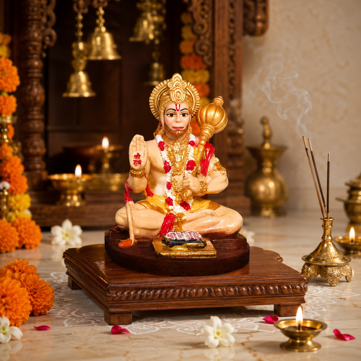 Hanuman Ji Blessing Murti placed in sacred pooja corner with diya flowers and incense
