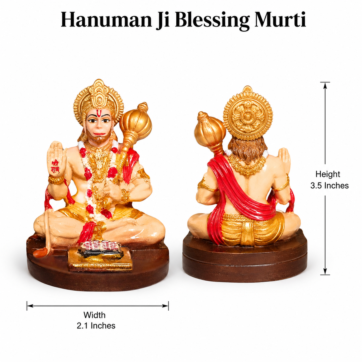 Hanuman Ji Blessing Murti size details showing 3.5 inches height and 2.1 inches width