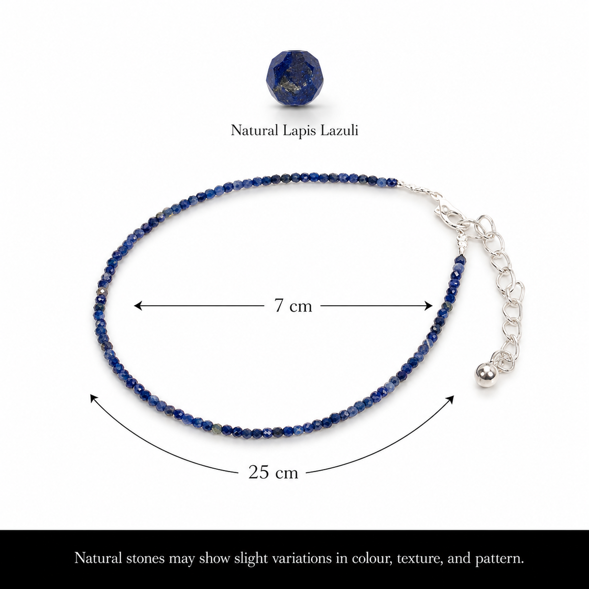 Lapis Lazuli Anklet size guide with 7 cm and 25 cm measurements