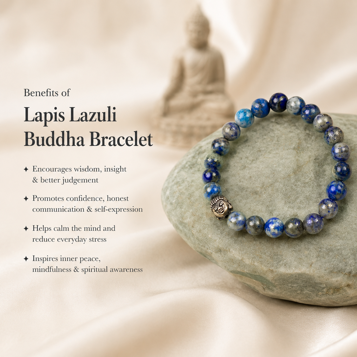 Benefits of Lapis Lazuli Buddha Bracelet showing blue gemstone bracelet on premium stone background