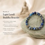 Benefits of Lapis Lazuli Buddha Bracelet showing blue gemstone bracelet on premium stone background