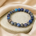 Close-up of Lapis Lazuli Buddha Bracelet with blue 8mm natural stone beads