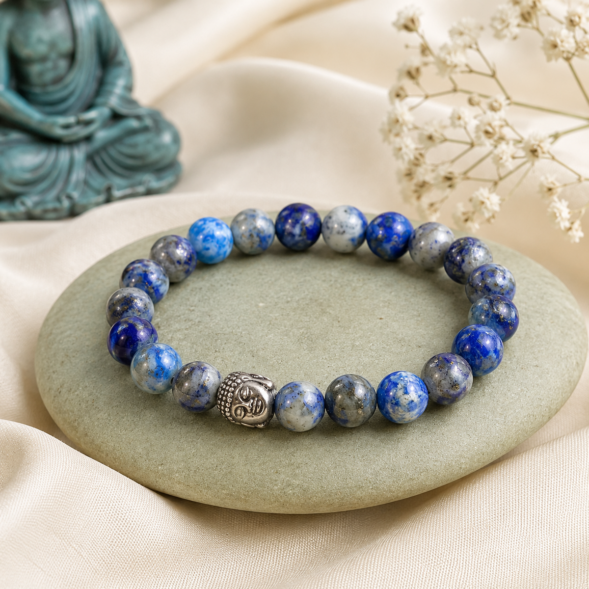 Lapis Lazuli Buddha Bracelet with 8mm blue natural stone beads on luxury stone display