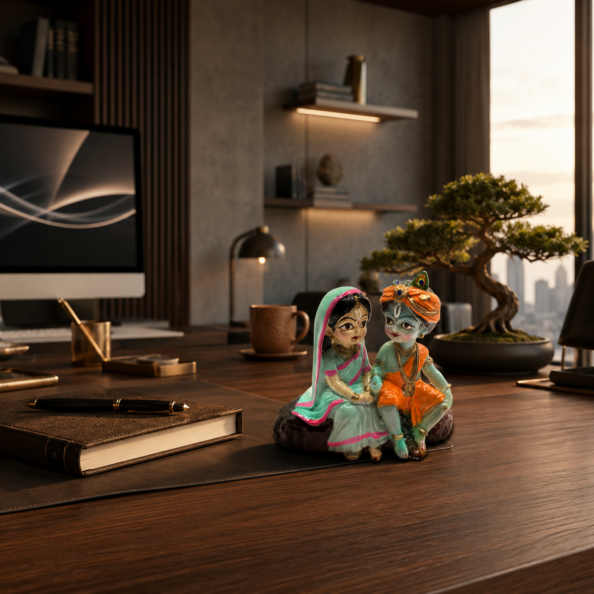 Radha Krishna Blessing Murti styled on premium office desk
