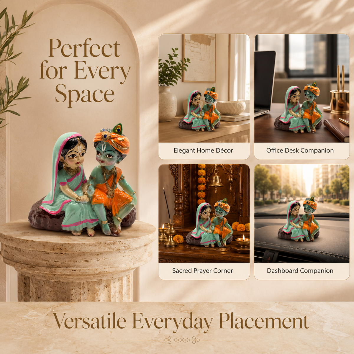 Radha Krishna Blessing Murti versatile placement guide for home office prayer corner and dashboard