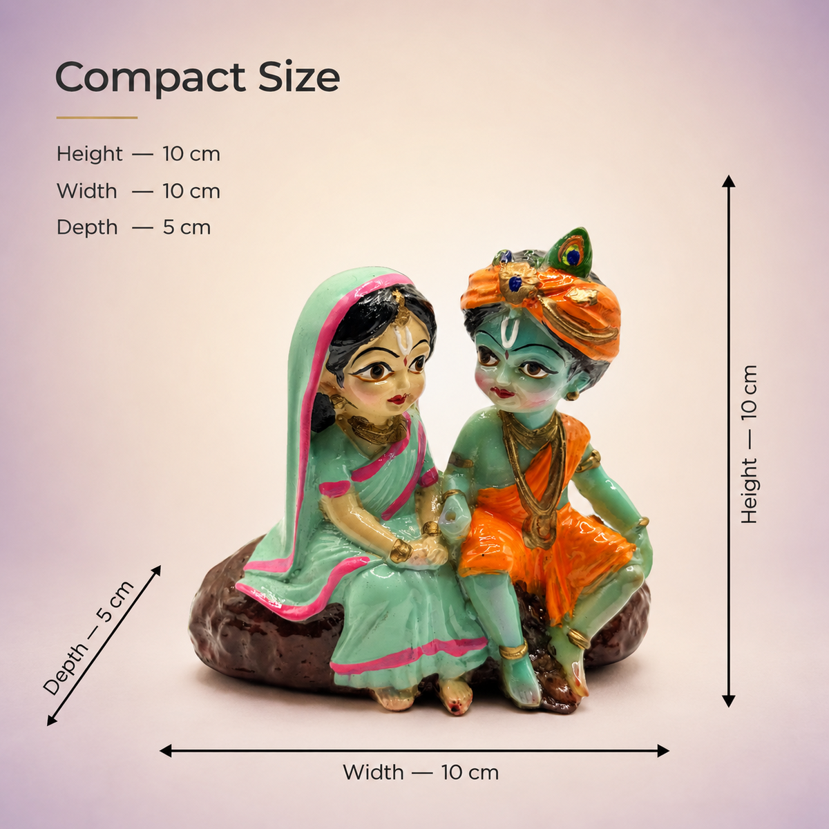 Radha Krishna Blessing Murti compact size details showing 10 cm height 10 cm width and 5 cm depth