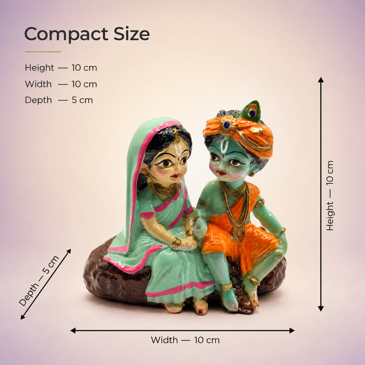 Radha Krishna Blessing Murti compact size details showing 10 cm height 10 cm width and 5 cm depth