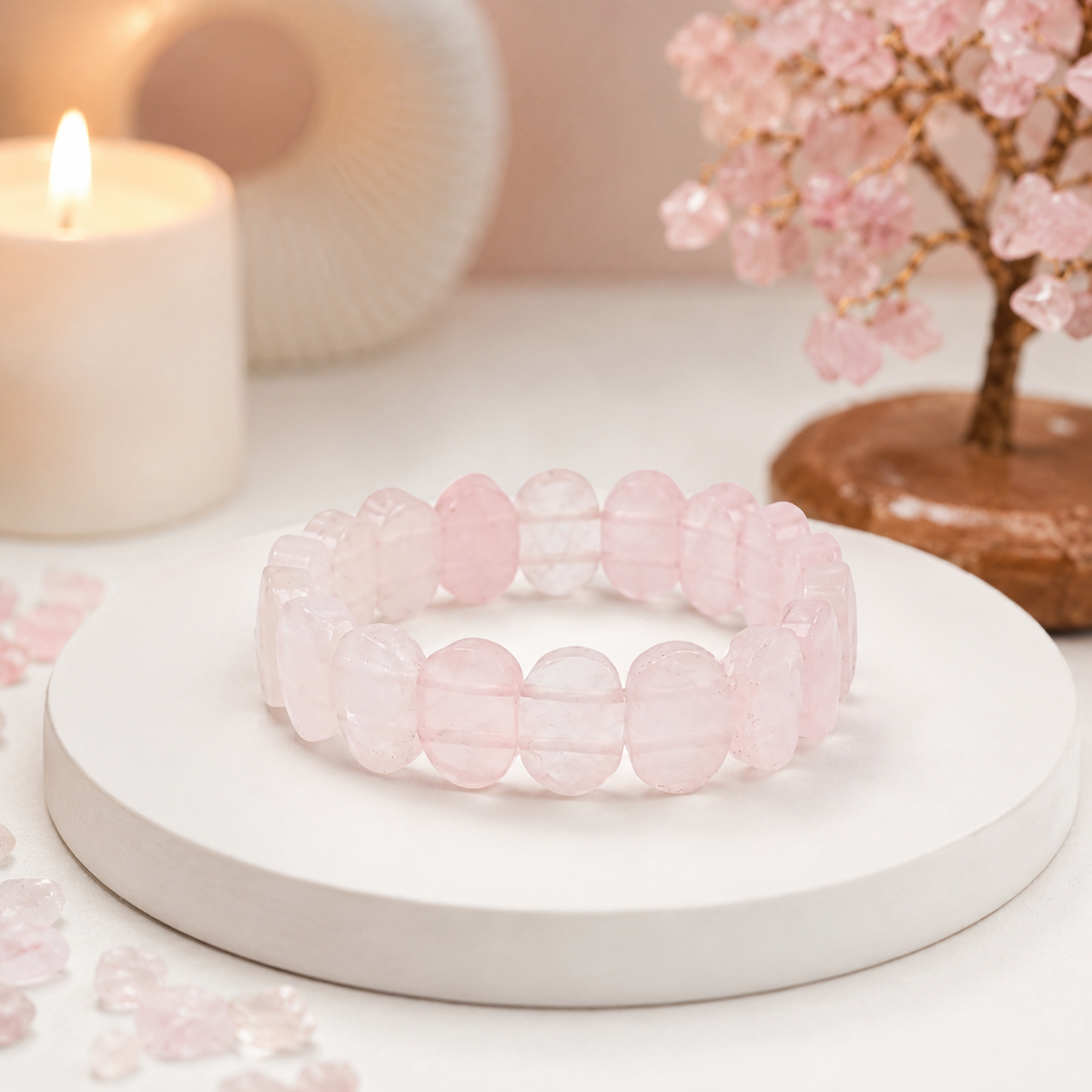 Rose Quartz Flat Bracelet with translucent pink flat gemstone beads on premium white display