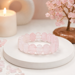 Rose Quartz Flat Bracelet with translucent pink flat gemstone beads on premium white display
