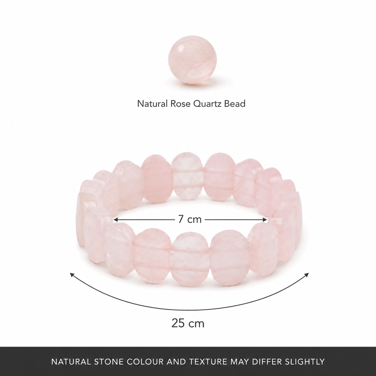 Rose Quartz Flat Bracelet size guide with 7 cm center and 25 cm bracelet length