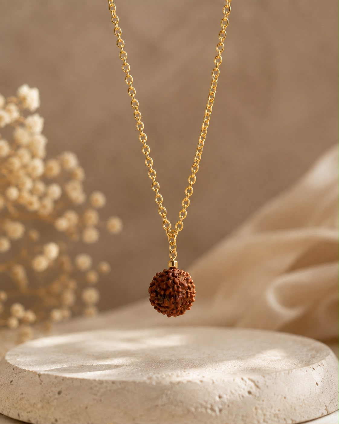 Rudraksha Chain Necklace closeup with gold chain and natural bead pendant