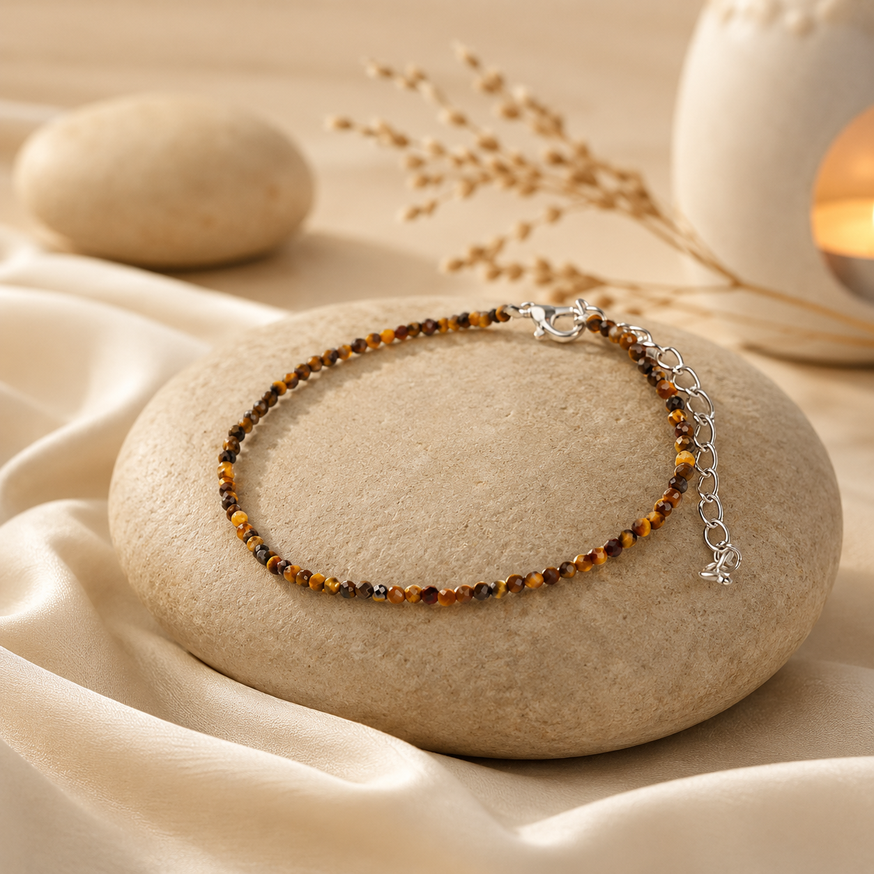 रुद्व्या Tiger Eye Anklet with faceted gemstone beads and silver adjustable clasp