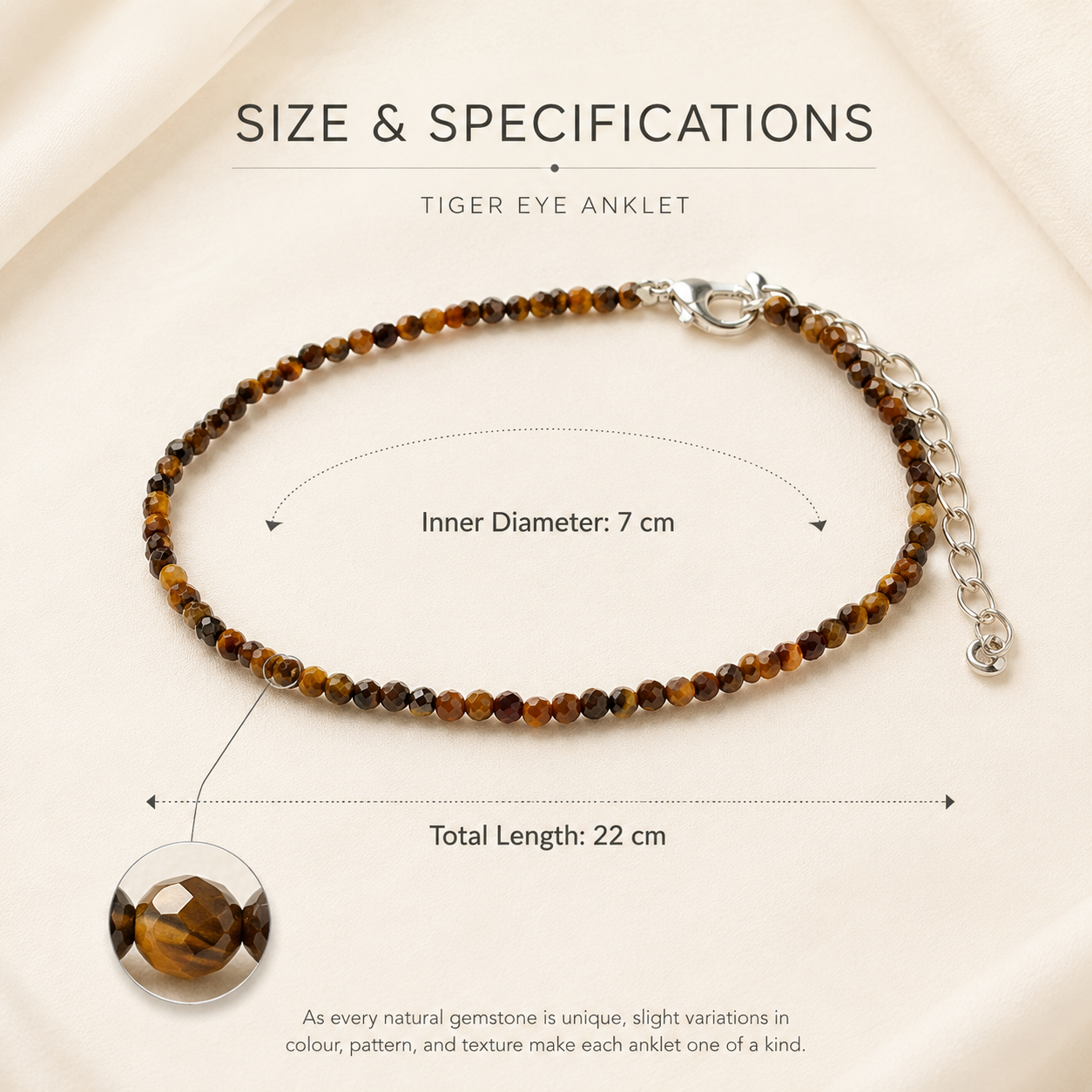 Tiger Eye Anklet size specifications with 22 cm total length and 7 cm inner diameter