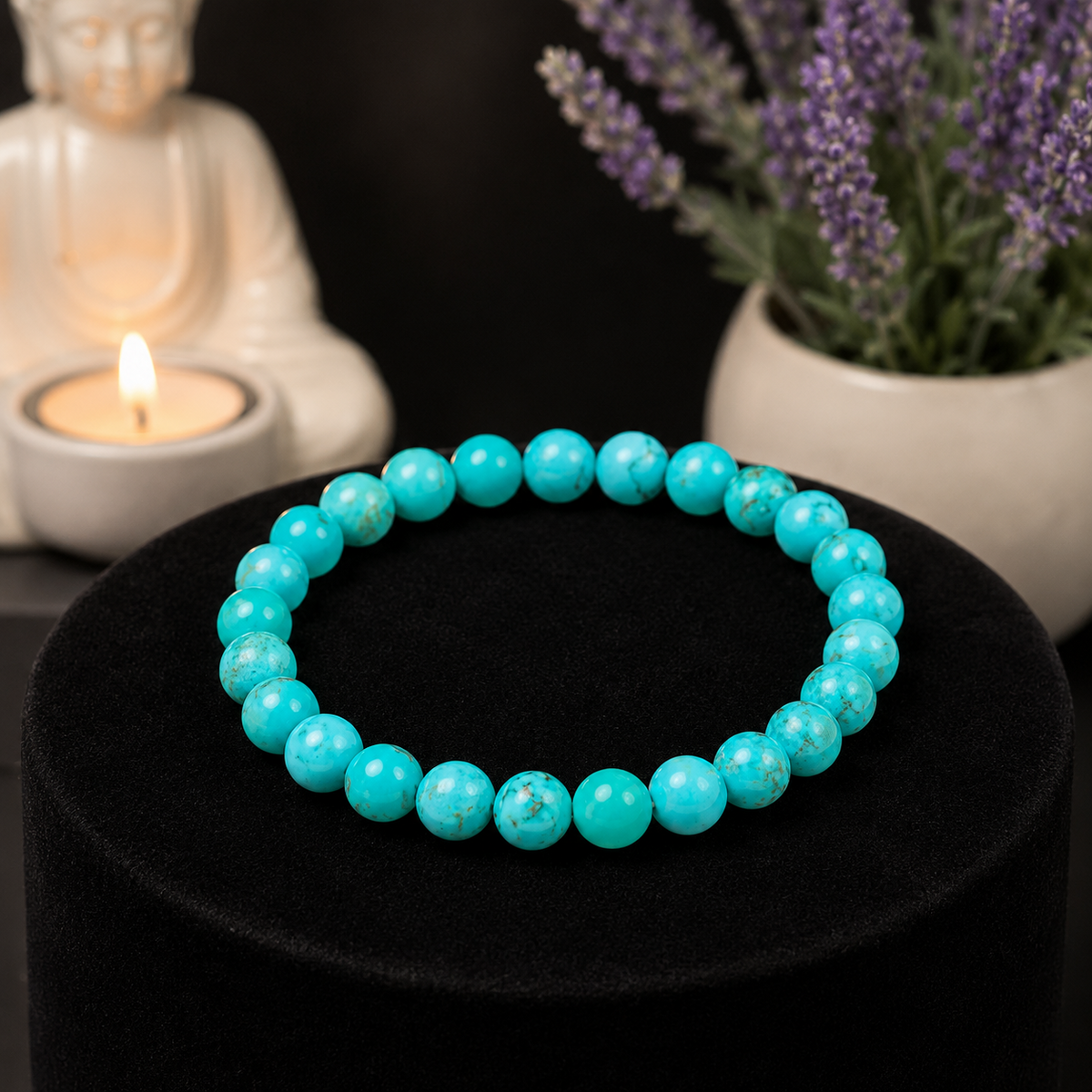 Rudvya Turquoise Bracelet on black display with natural matrix gemstone beads