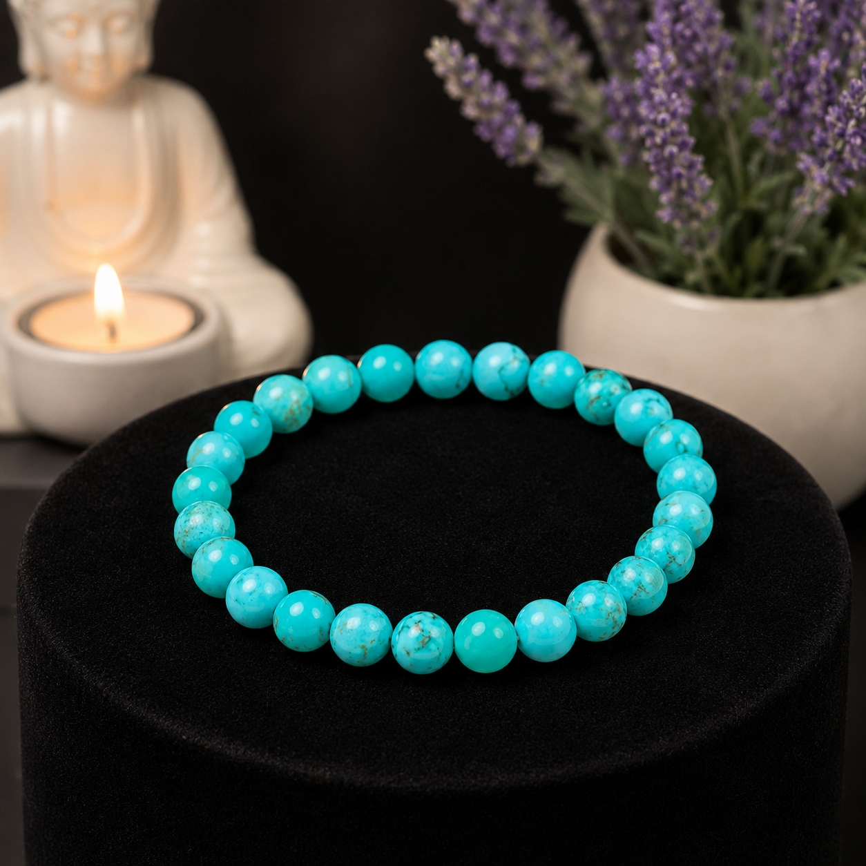 Rudvya Turquoise Bracelet on black display with natural matrix gemstone beads