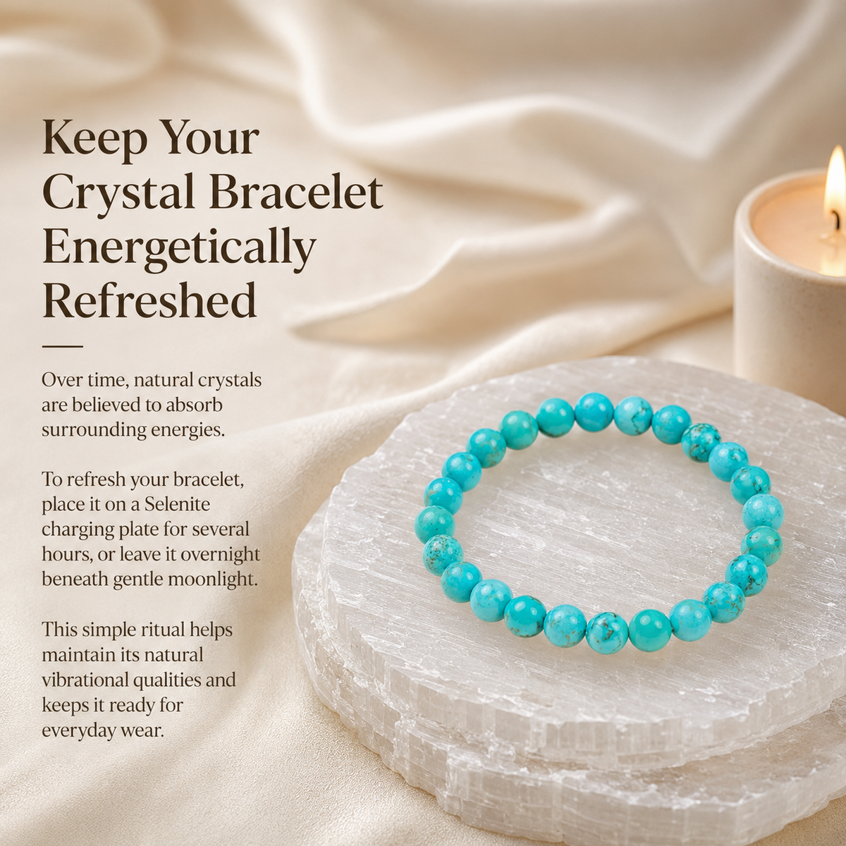 Rudvya Turquoise Bracelet on selenite charging plate for crystal refresh guide