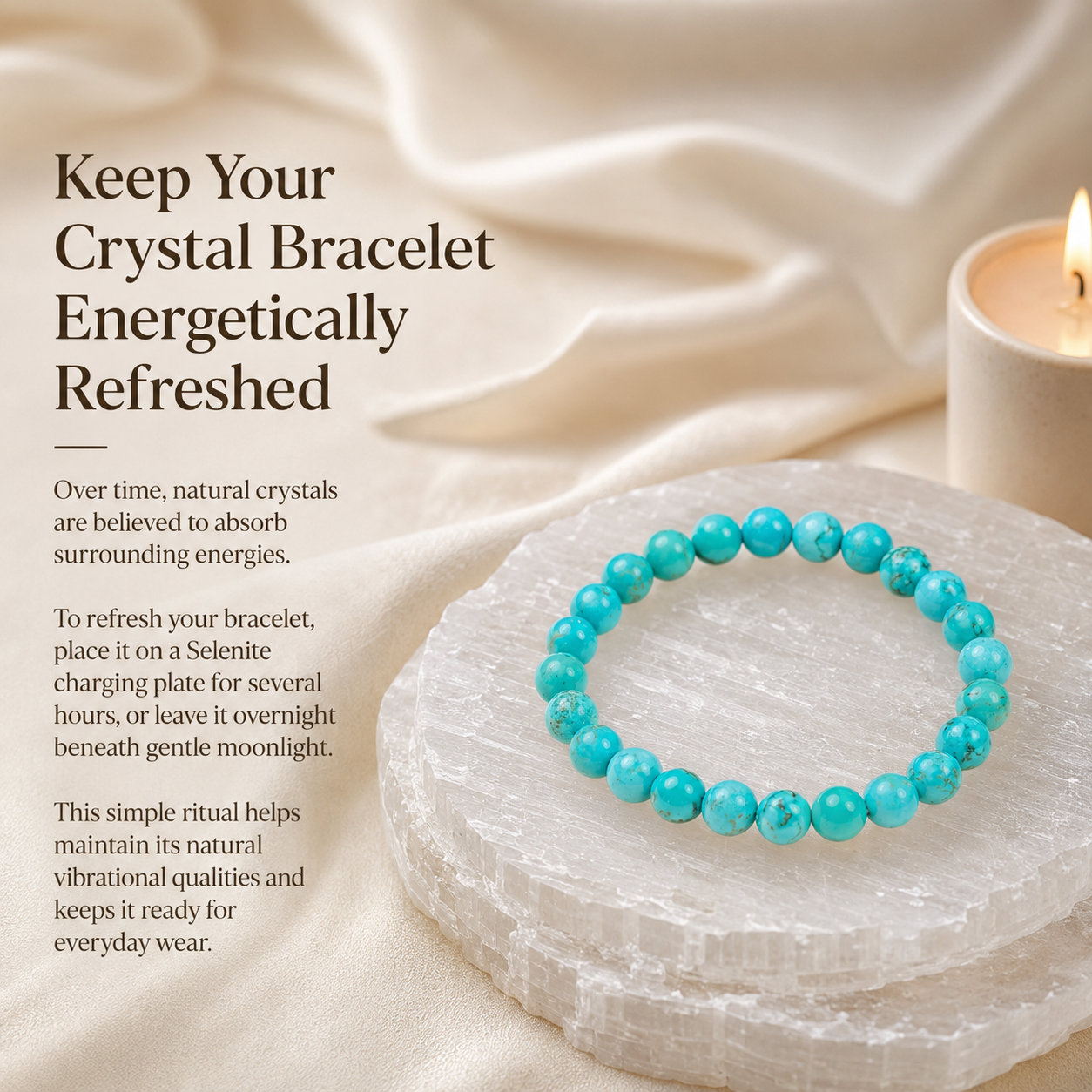 Rudvya Turquoise Bracelet on selenite charging plate for crystal refresh guide