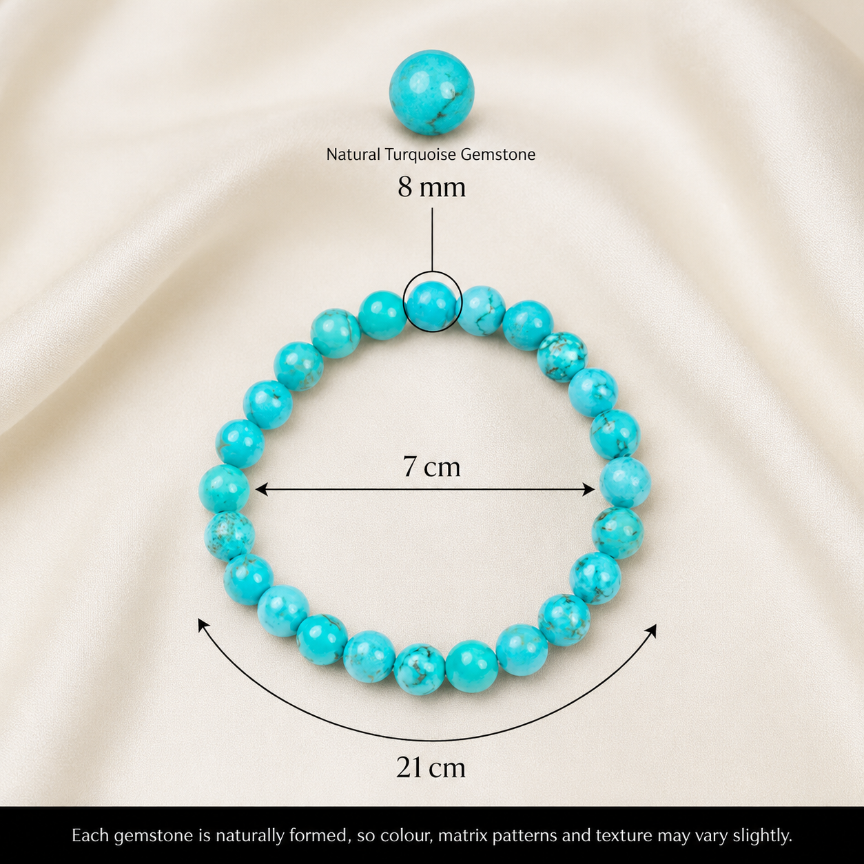 Rudvya Turquoise Bracelet size specifications natural turquoise gemstone 8 mm beads 7 cm inner diameter 21 cm length